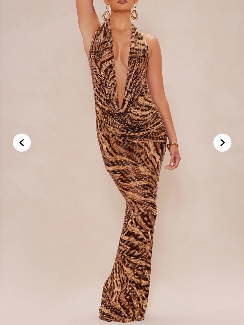 Plunge Halter Animal-Print Evening Gown in Brown